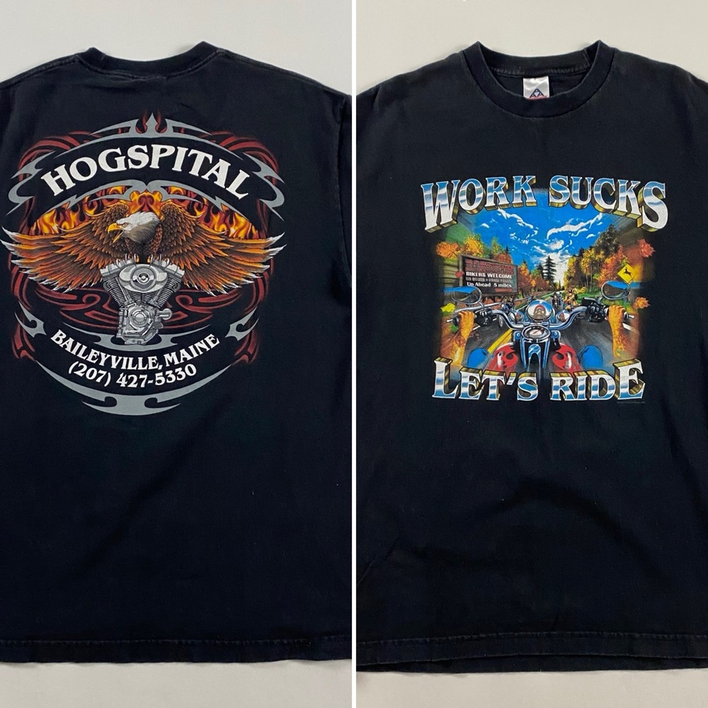 Vintage Y2K Work Sucks Let's Ride Motorcycle Biker T Shirt Men's Large Hogspital